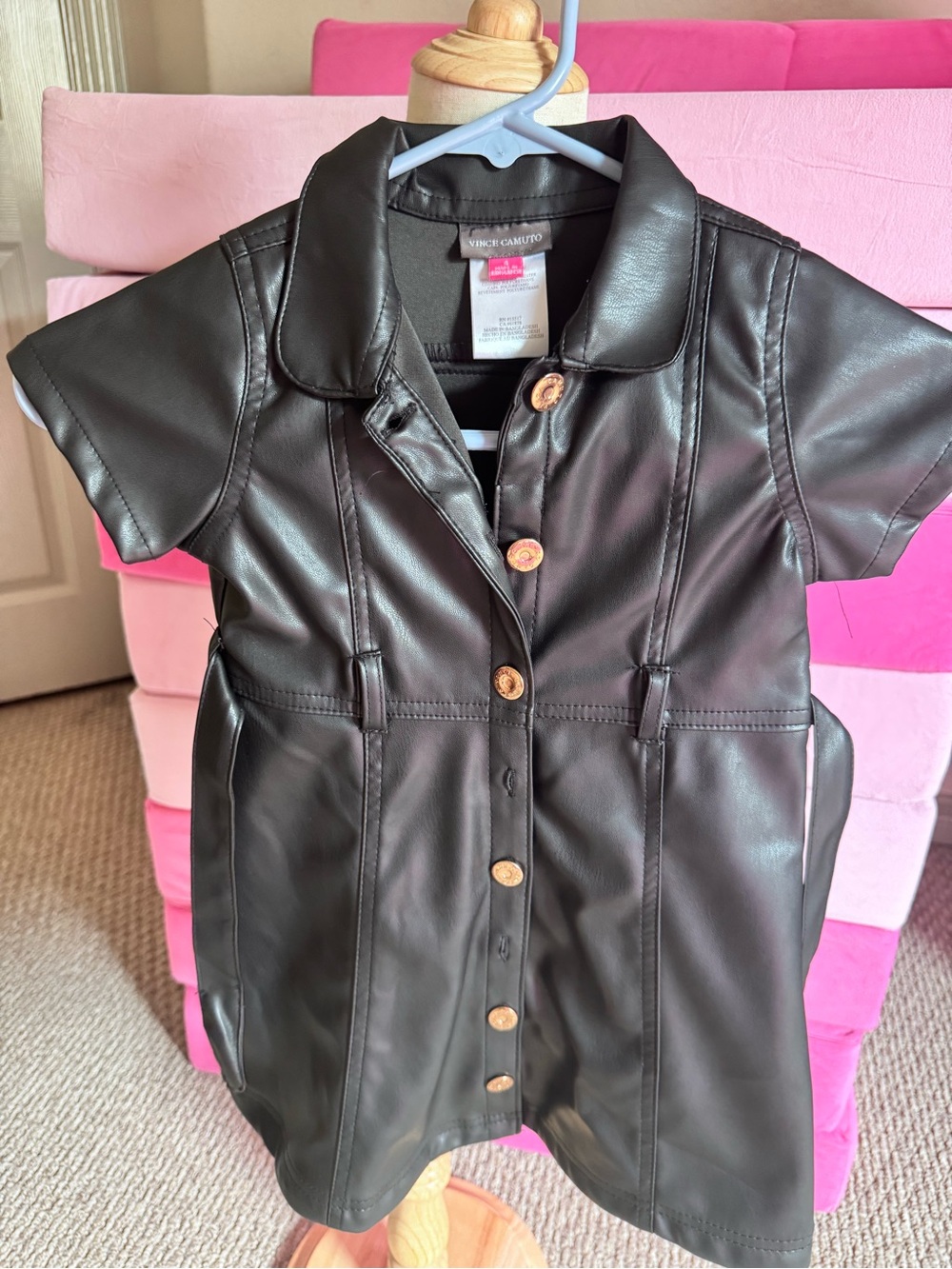 Vince Camuto Girls' Black Faux Leather Button-Front Shirt Dress